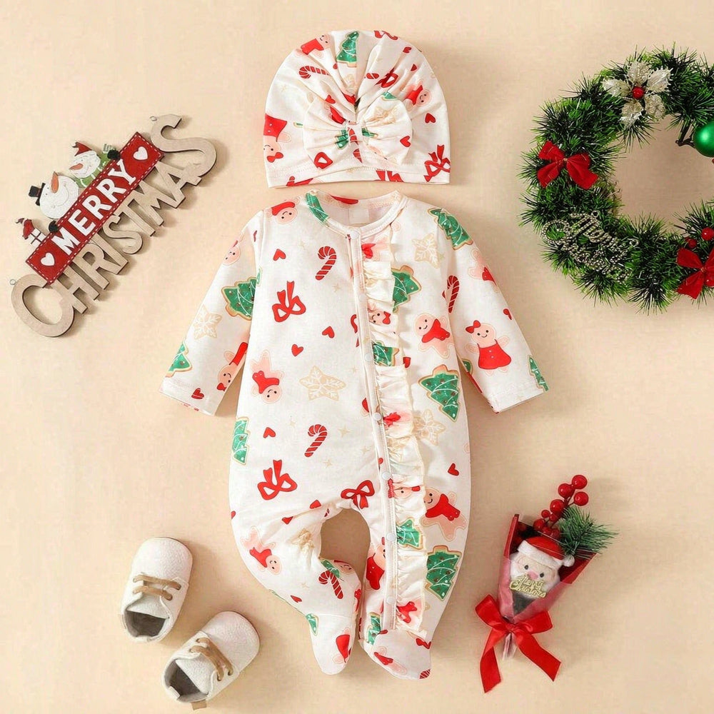 2PCS Gingerbread Man Bow Print Long Sleeve Christmas Baby Girl Jumpsuit