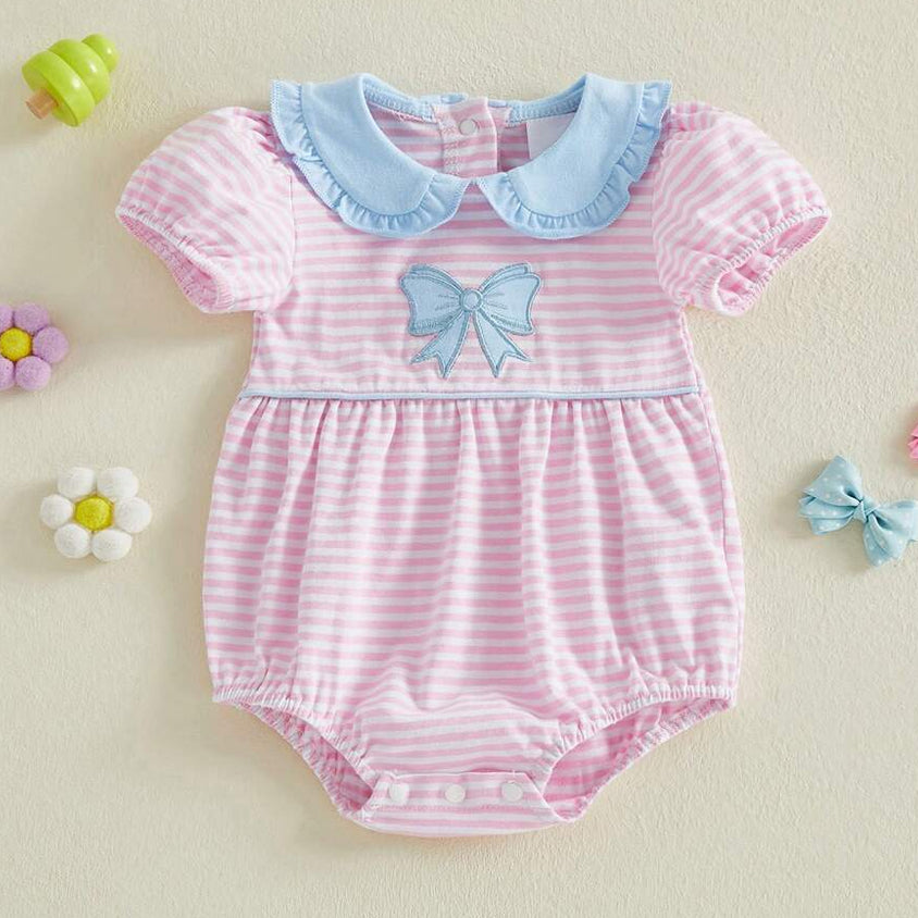 Grace Bow Embroidery Stripe Print Short Sleeve Baby Romper