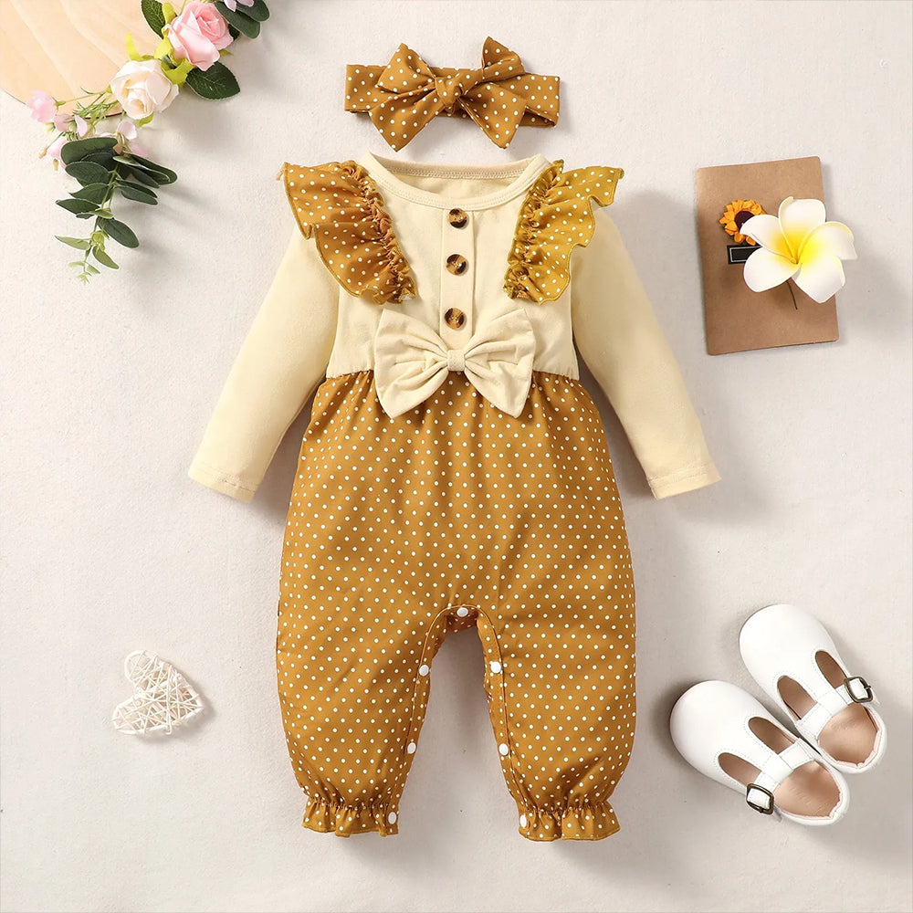 2PCS Sweet Polka Dots Print Ruffle Long Sleeve Baby Girl Jumpsuit