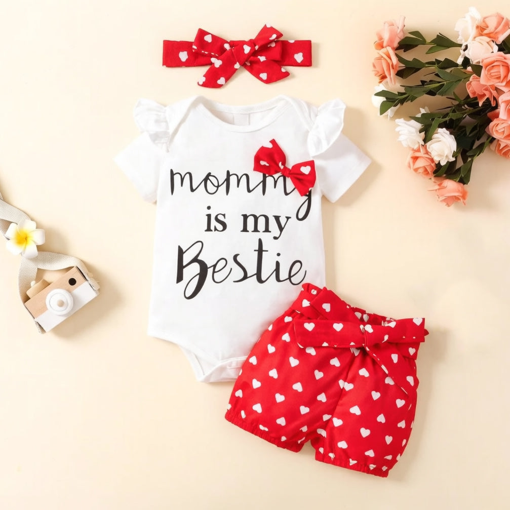 3PCS Mama Is My Bestie Letter Heart Print Short Sleeve Baby Set
