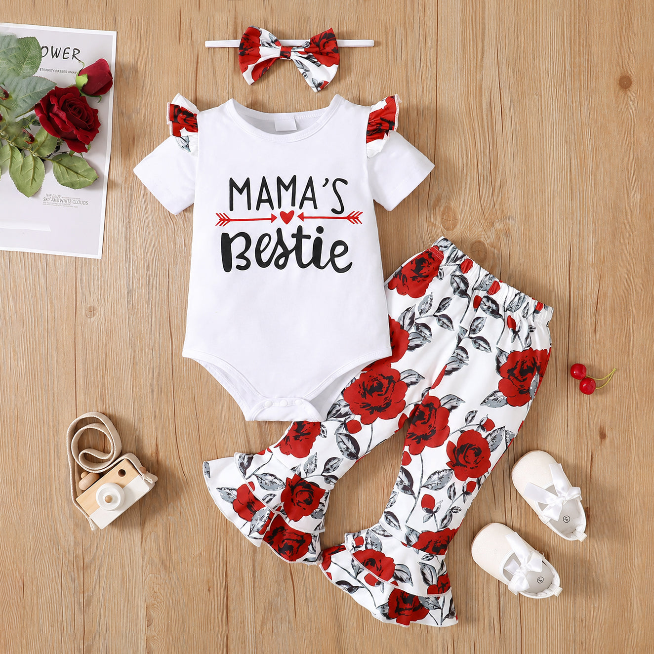 3PCS Mama's Bestie Letter Floral Print Short Sleeve Baby Set