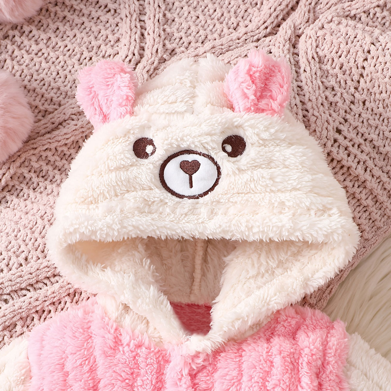 Lovely Bear Appliqué Fuzzy Long Sleeve Baby Girl Jumpsuit