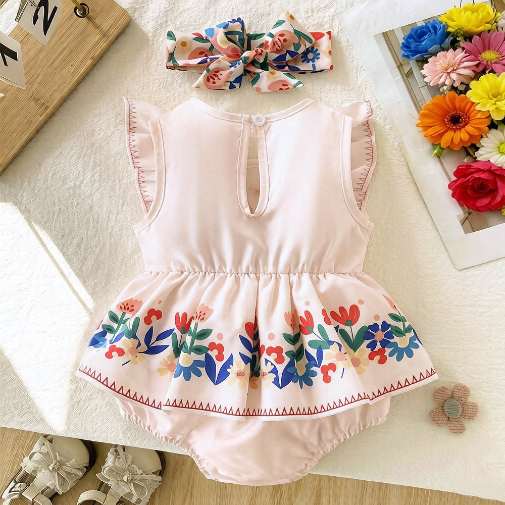 2PCS Whimsical Floral Print Flutter Sleeve Baby Romper