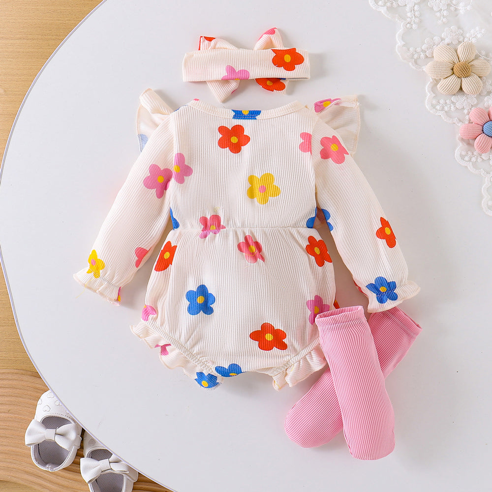 3PCS Graceful Floral Printed Bow Baby Girl Romper