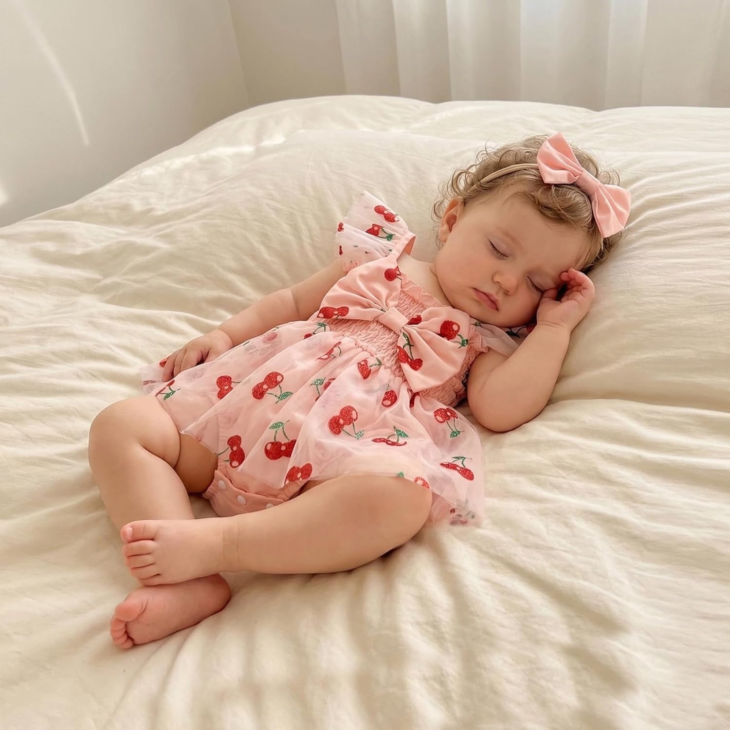 2PCS Lovely Cherry Print Tulle Flutter Sleeve Baby Romper