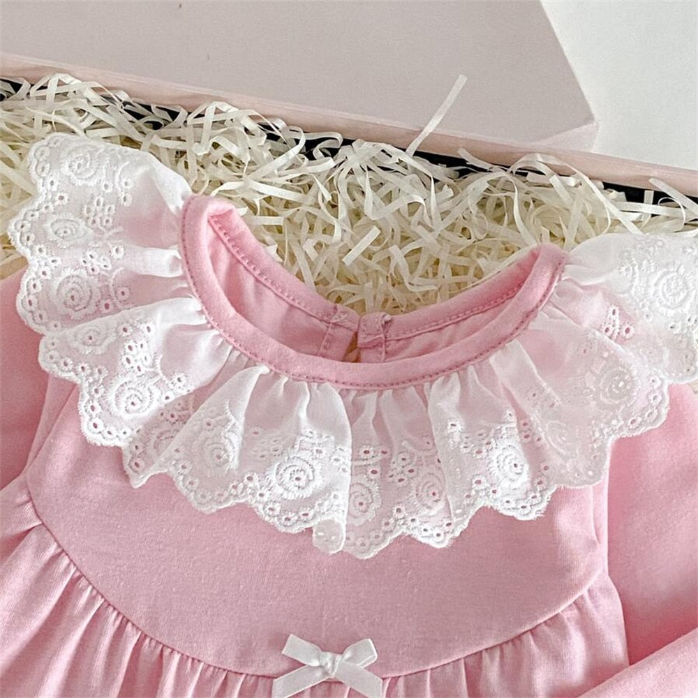 Winsome Solid Color Long Sleeve Lace Baby Girl Jumpsuit