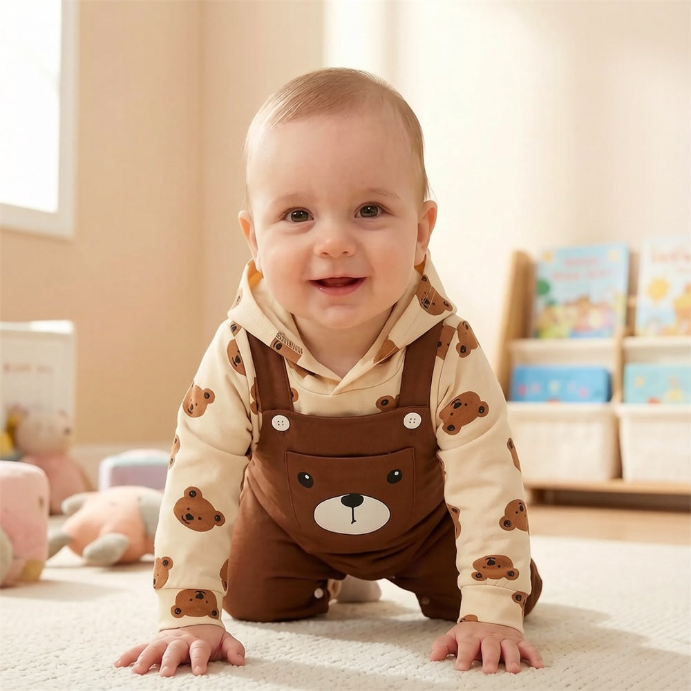 Cute Bear Print Long Sleeve Hoodie Baby Jumpsuit