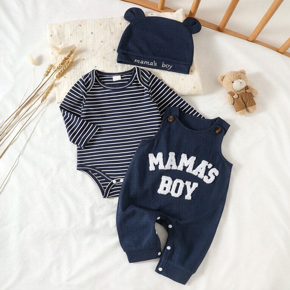 3PCS Mama's Boy Letter Applique Stripe Print Long Sleeve Baby Overalls Set