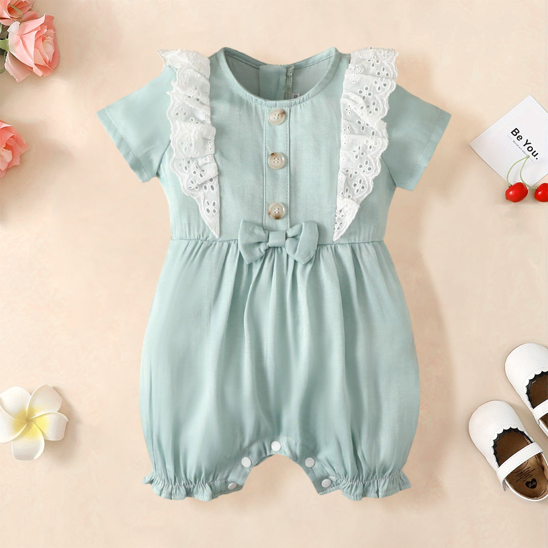 Comfy Solid Color Short Sleeve Lace Baby Jumpsuit