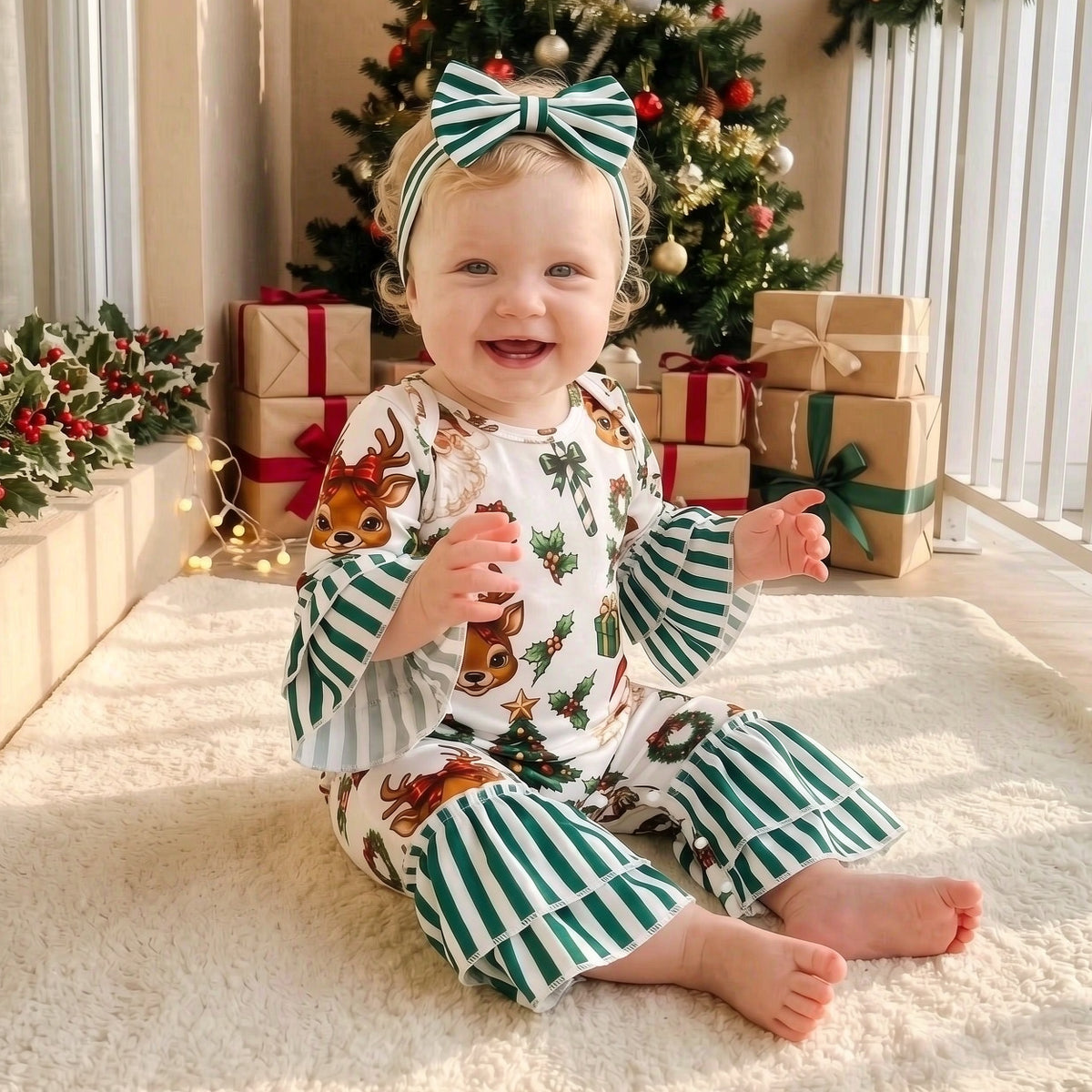 2PCS Baby Girl Holiday Printed Striped Long Sleeve Christmas Jumpsuit
