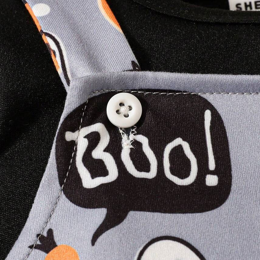 2PCS Halloween Boo Letter Pumpkin Print Long Sleeve Overalls Baby Set