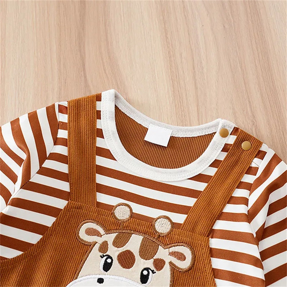 Cute Deer Print Striped Long Sleeve Baby Jumpsuit