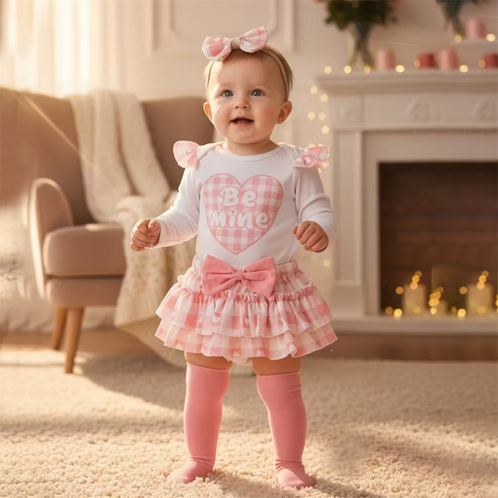 4PCS Be Mine Heart Print Plaid Long Sleeve Baby Set
