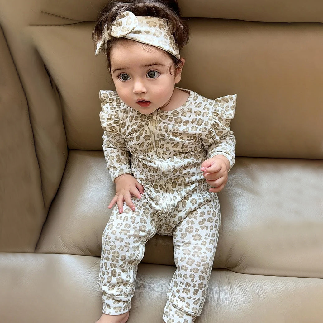 2PCS Allover Leopard Printed Zipper Baby Jumpsuit