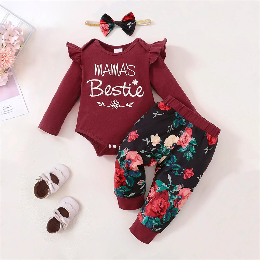 3PCS Mama's Bestie Letter Floral Print Long Sleeve Baby Set