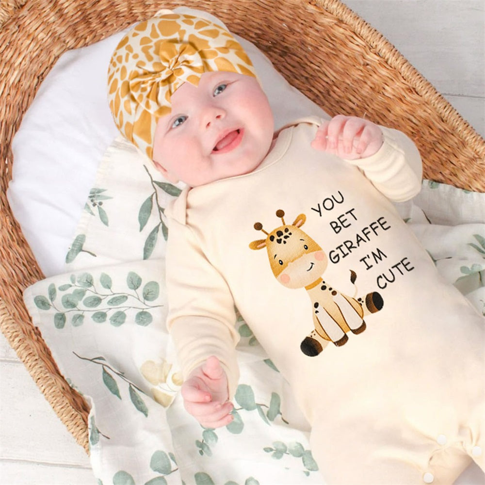 2PCS You Bet Giraffe I'M Cute Letter Print Baby Jumpsuit
