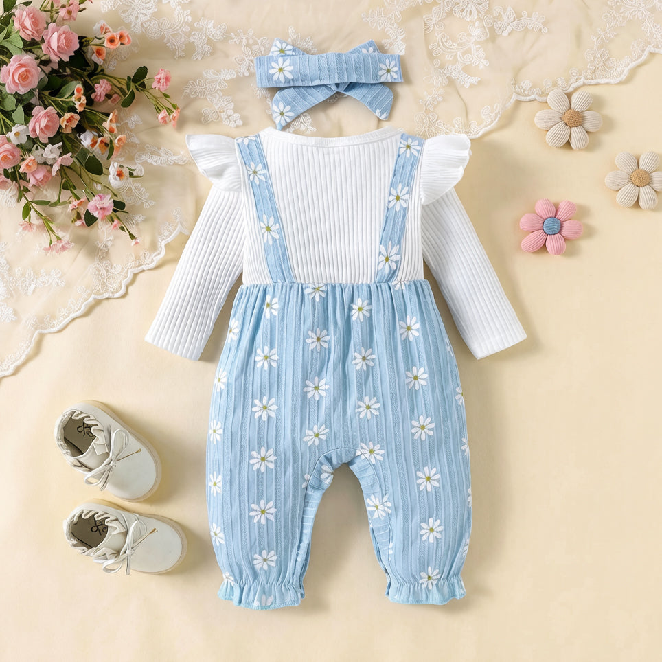 2PCS Sweet Daisy Print Bow Long Sleeve Baby Jumpsuit