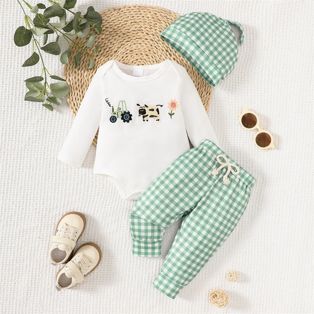 3PCS Animal Embroidery Plaid Long Sleeve Baby Set