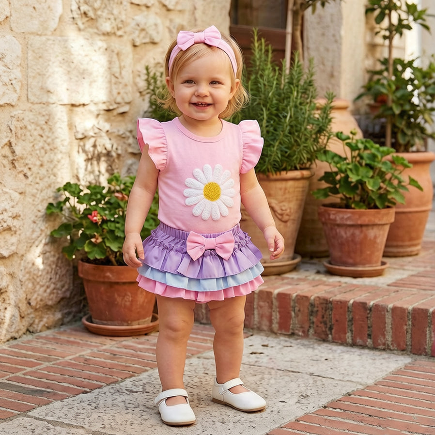 3PCS Sweet Daisy Appliqué Flutter Sleeve Baby Girl Set