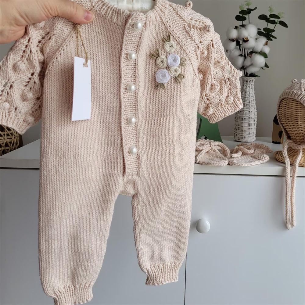 2PCS Floral Embroidery Knit Long Sleeve Baby Jumpsuit