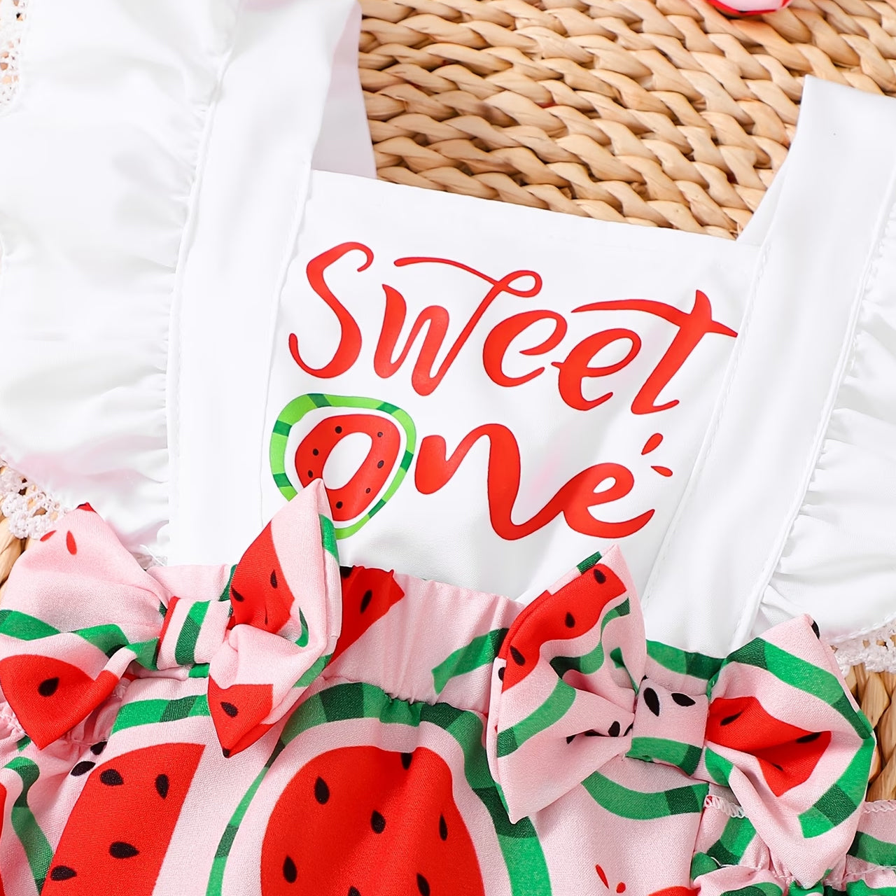 2PCS Sweet One Letter Watermelon Print Sleeveless Baby Romper