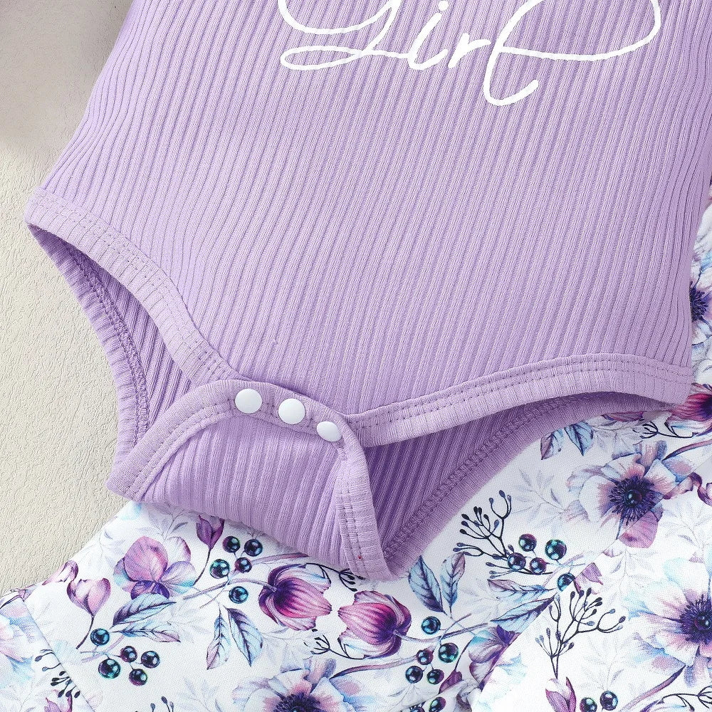 3PCS Daddy's Little Girl Letter Floral Print Long Sleeve Baby Set