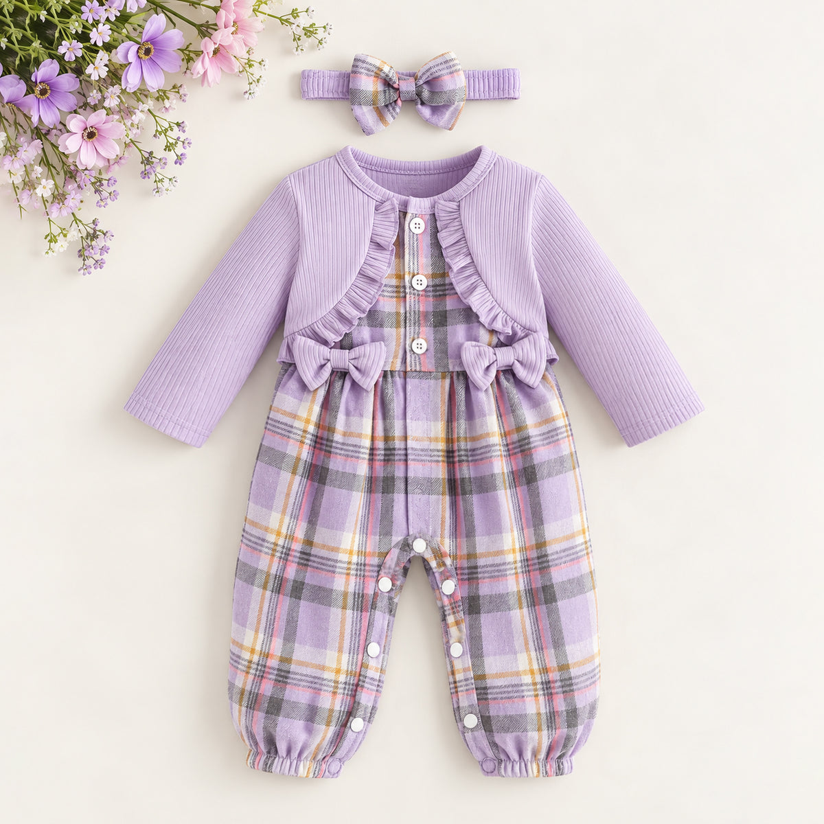 2PCS Winsome Plaid Printed Long Sleeve Baby Jumpsuit