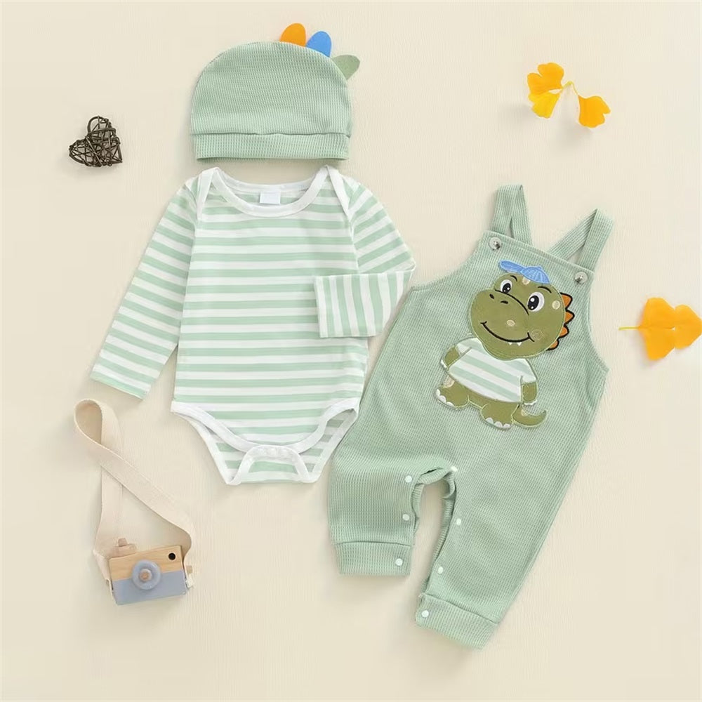 3PCS Casual Dinosaur Print Striped Long Sleeve Baby Overalls Set