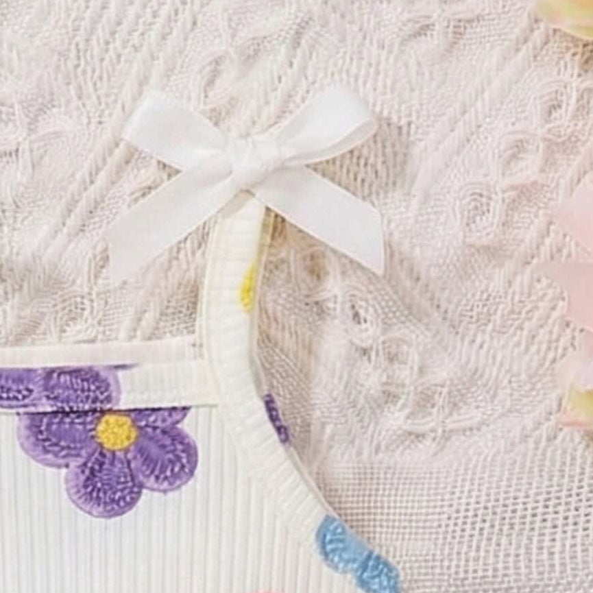 2PCS Whimsical 3D Floral Appliqué Sleeveless Baby Romper