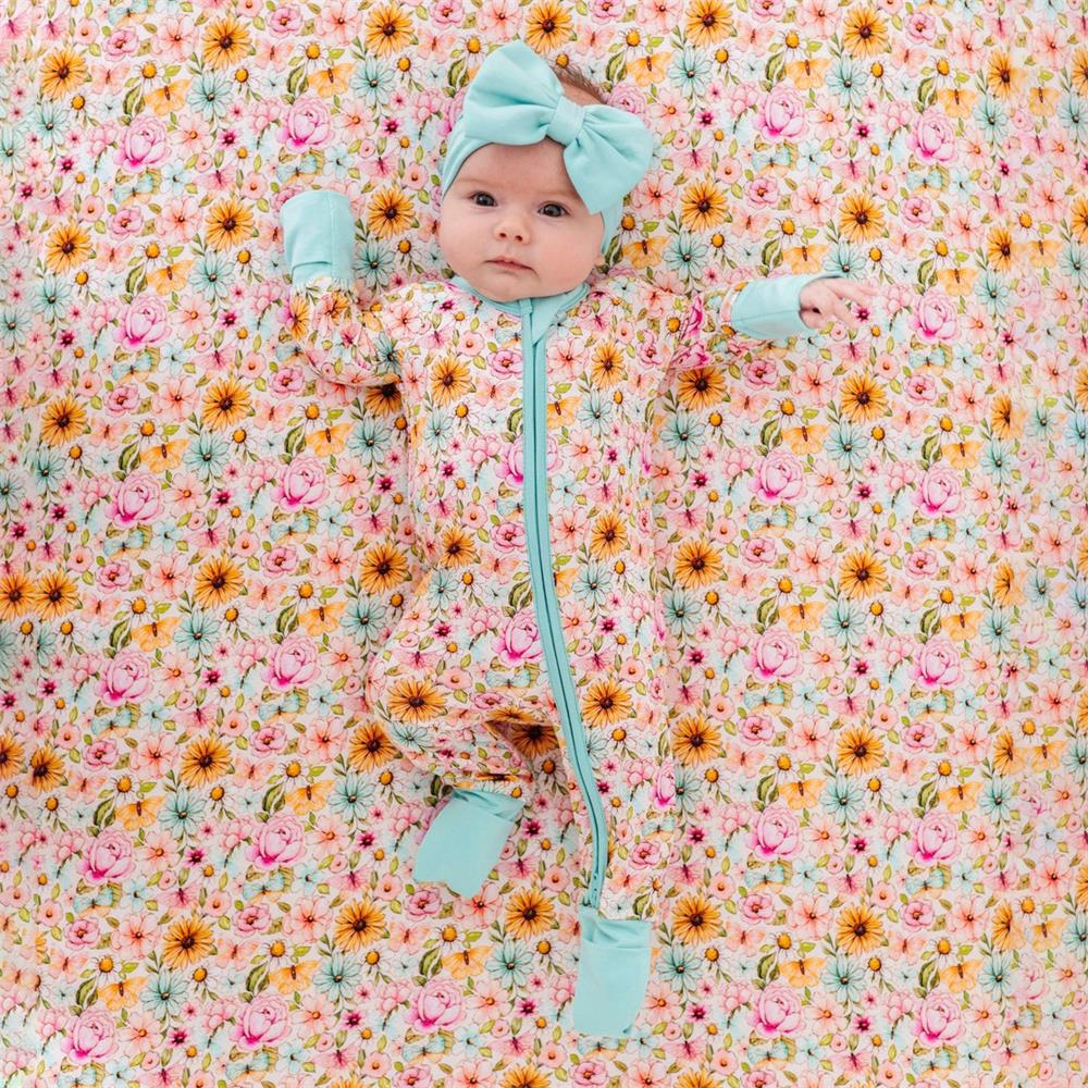 2PCS Comfy Allover Floral Print Zipper Baby Jumpsuit