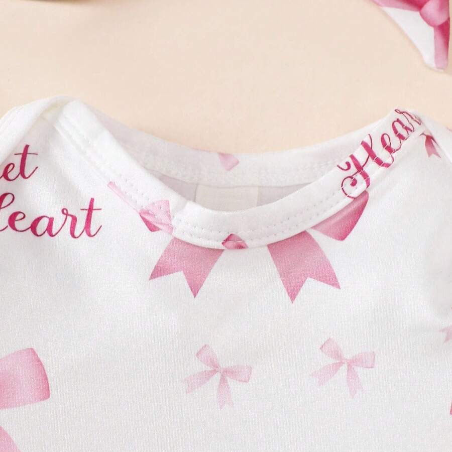 2PCS Sweet Heart Letter Bow Printed Long Sleeve Jumpsuit