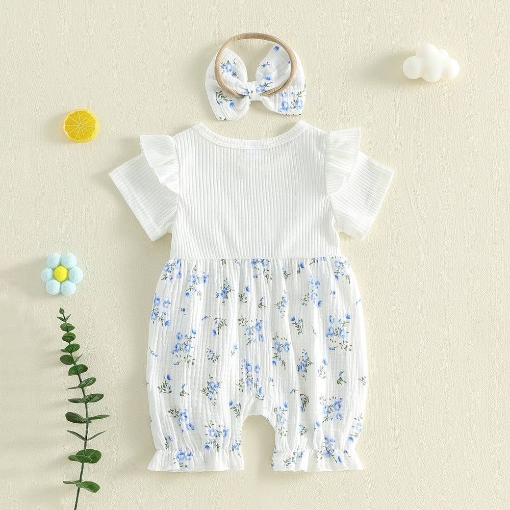 2PCS Neat Floral Print Short Sleeve Baby Jumpsuit