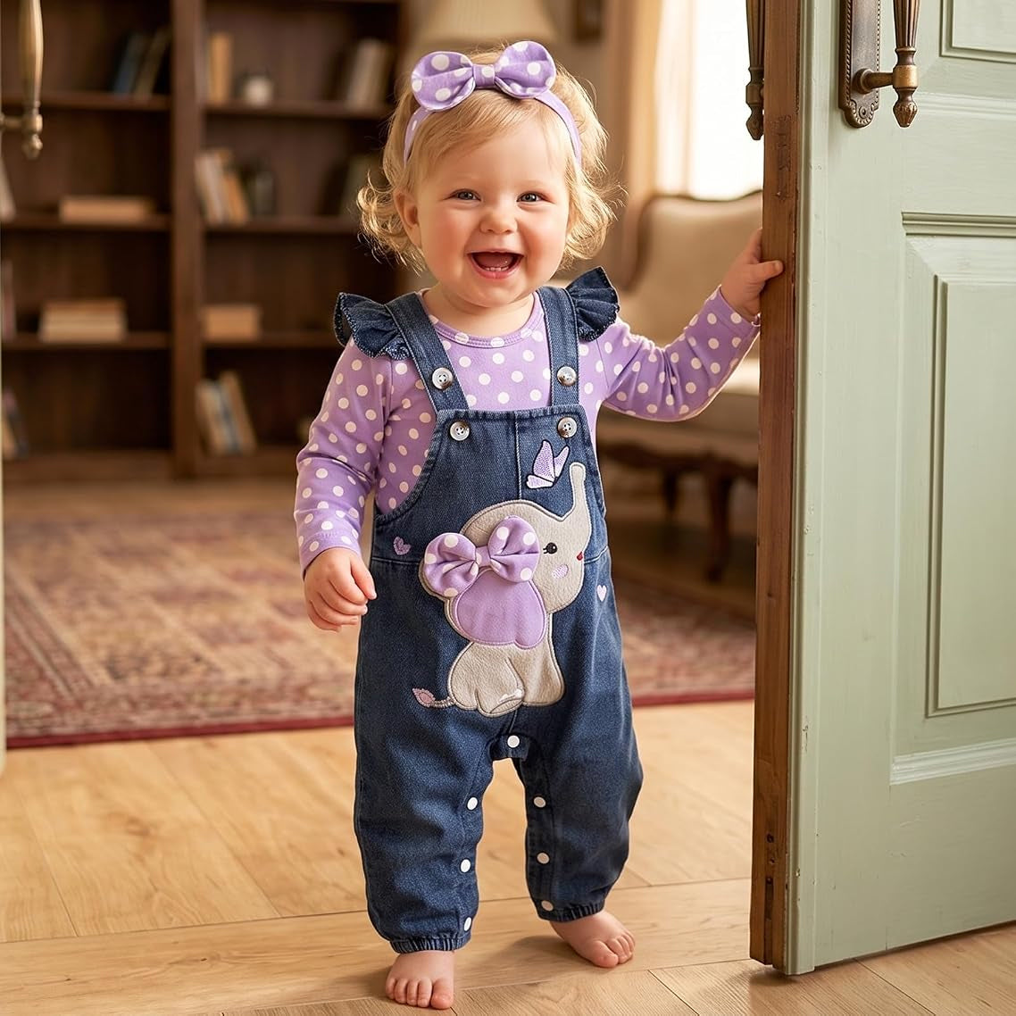 3PCS Sweet Polka Dots Print Elephant Embroidery Baby Overalls Set