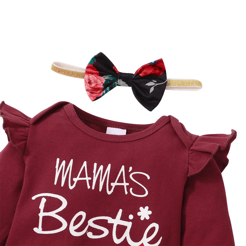 3PCS Mama's Bestie Letter Floral Print Long Sleeve Baby Set