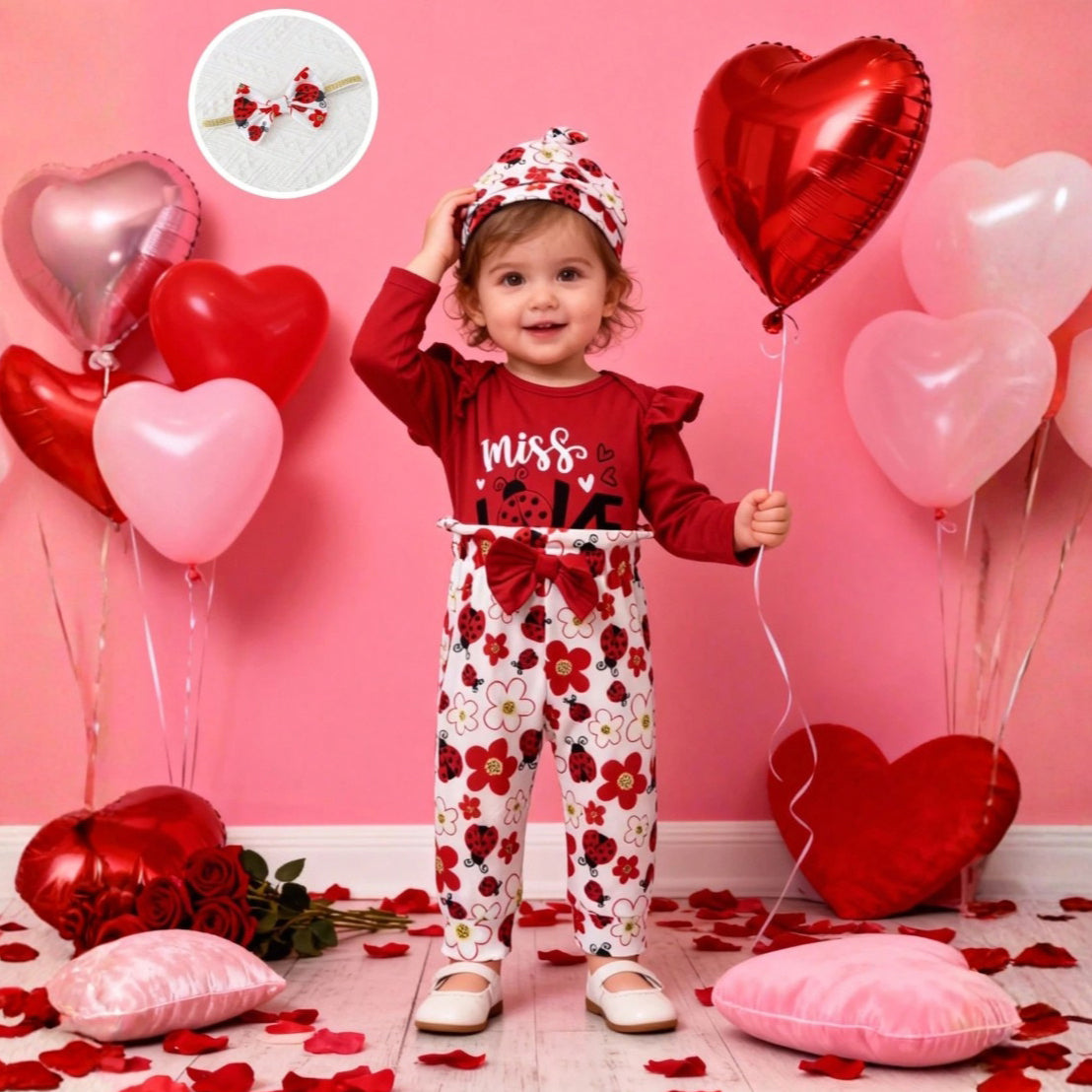 4PCS Miss Love Bug Letter Ladybug Floral Print Baby Set