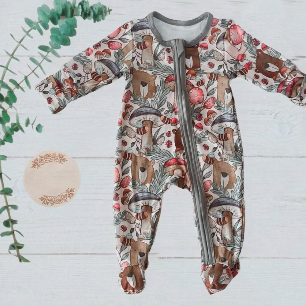 Cute Mushroom Bear Printed Long Sleeve Baby Jumpsuit