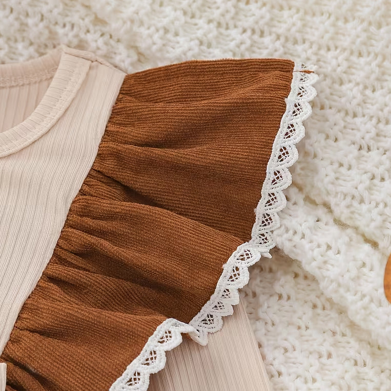2PCS Faux Two Piece Bow Embroidered Long Sleeve Baby Girl Jumpsuit