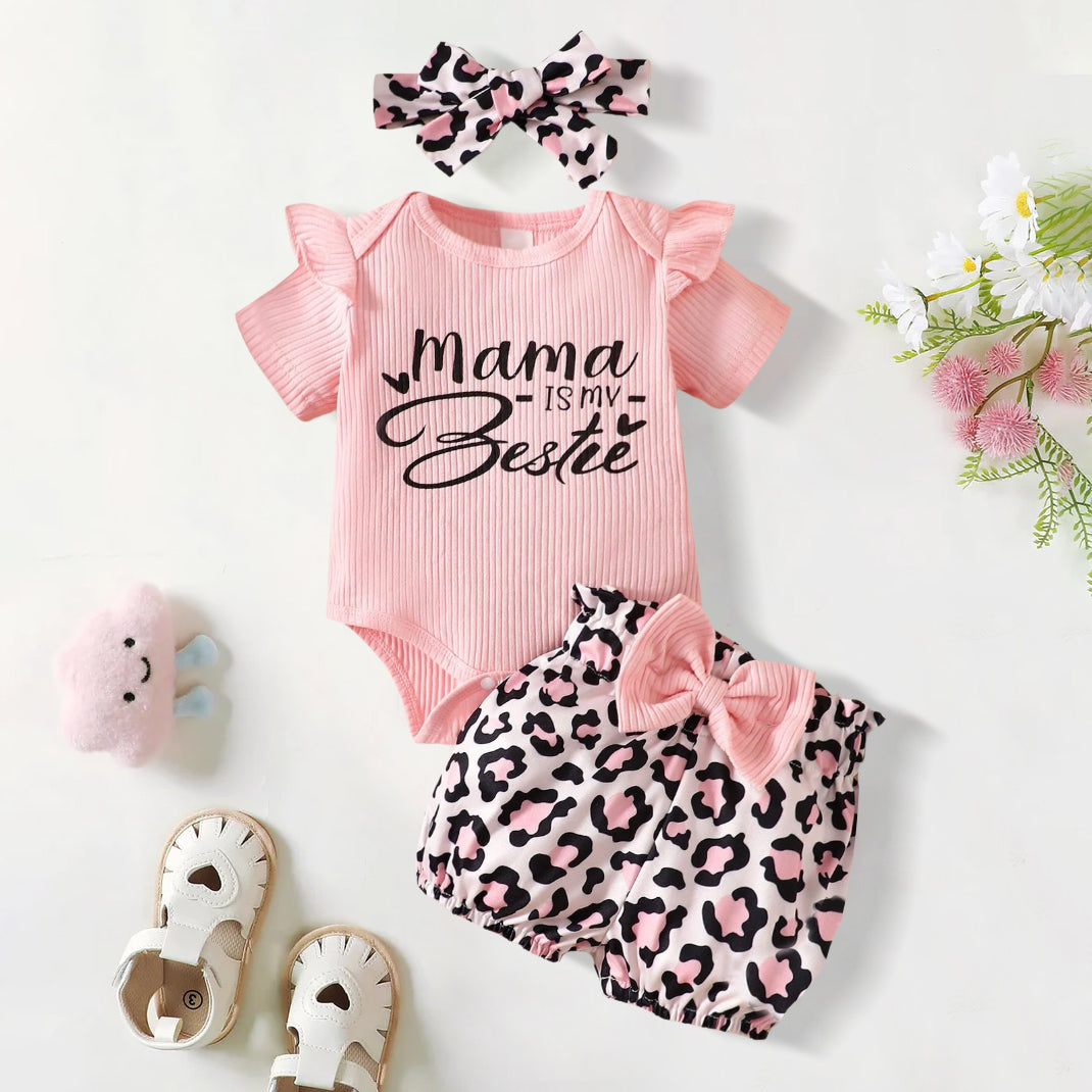 3PCS Mama Is My Bestie Letter Leopard Print Baby Set
