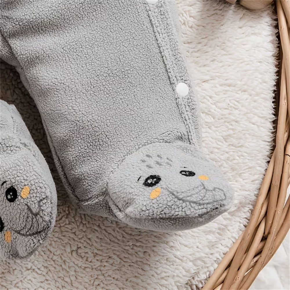 Cute Elephant Applique Polar Fleece Long Sleeve Baby Jumpsuit