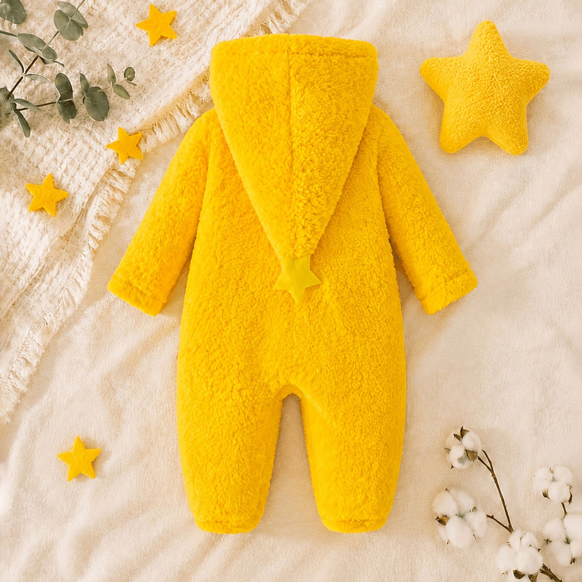 Fuzzy Stay Shining Letter Embroidery Star Decor Hoodie Baby Jumpsuit