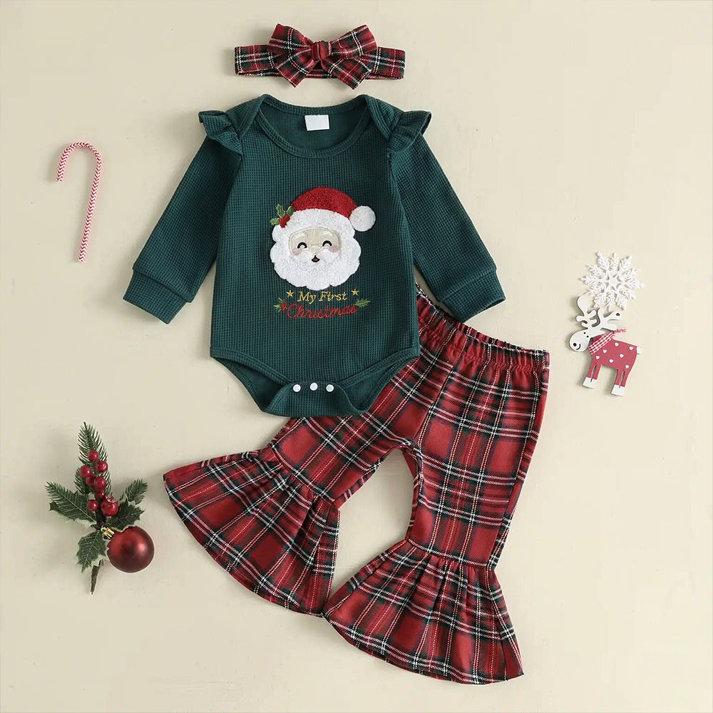 3PCS My First Christmas Letter Embroidery Santa Plaid Print Baby Girl Set