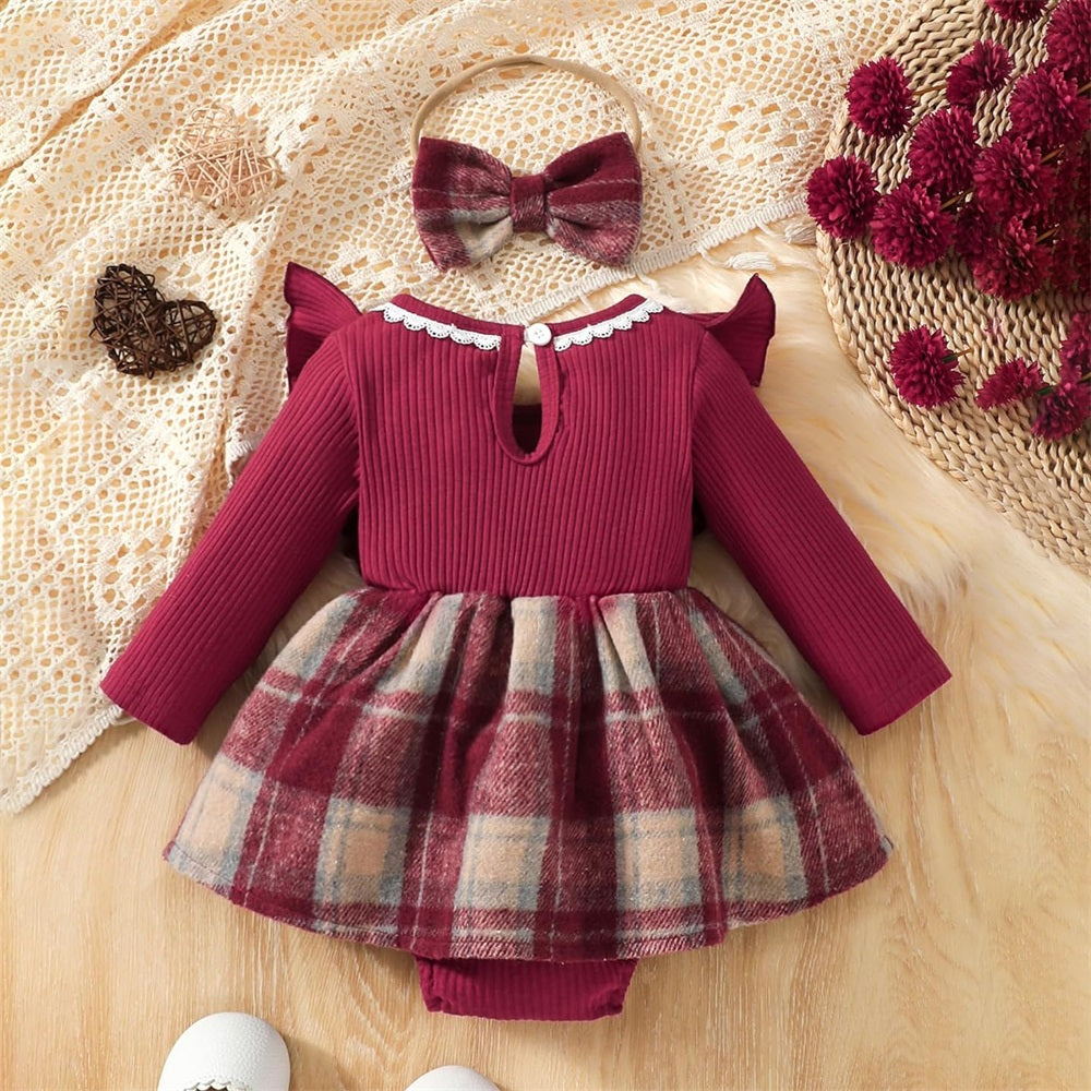 2PCS Fashion Plaid Print Long Sleeve Baby Girl Romper