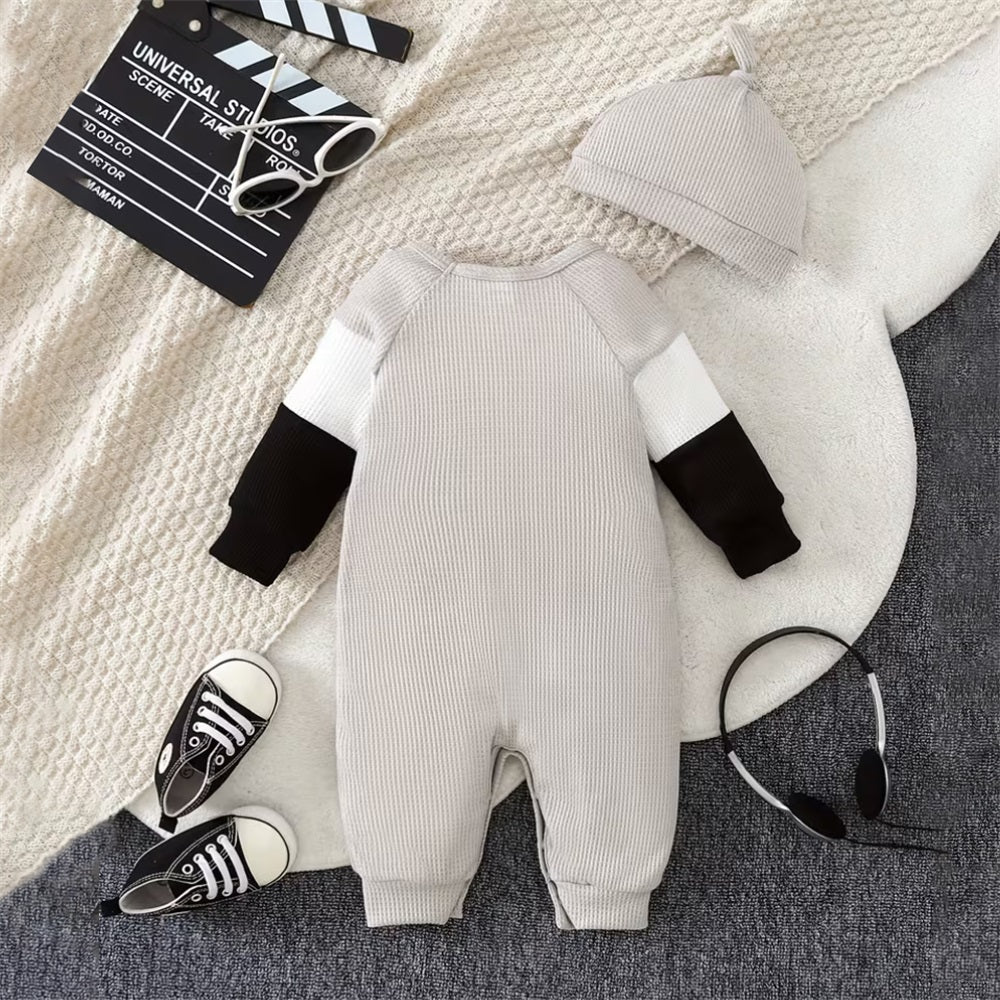 2PCS Daddy's Boy Letter Printed Waffle Long Sleeve Baby Jumpsuit