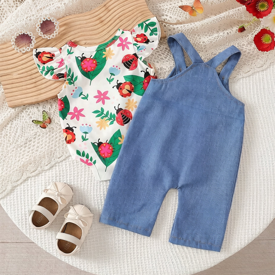 2PCS Cute Ladybug Floral Print Denim Baby Overalls Set