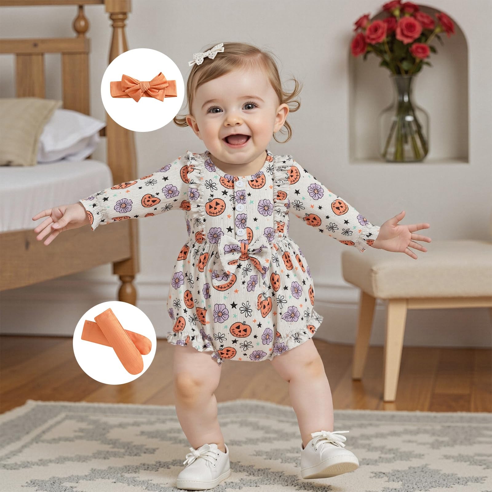 3PCS Quirky Halloween Pumpkin Printed Baby Romper