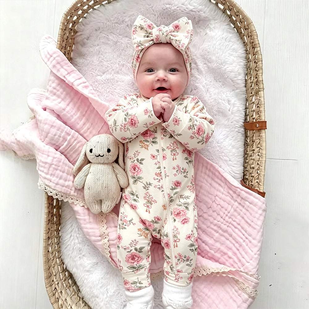 2PCS Bubbly Floral Print Zipper Long Sleeve Baby Girl Jumpsuit