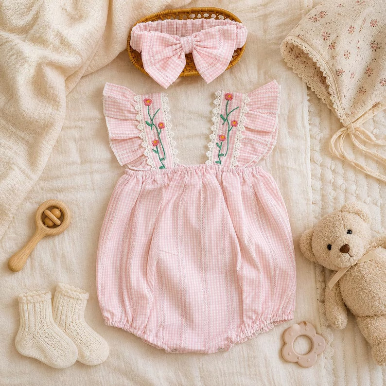 2PCS Lovely Floral Embroidery Flutter Sleeve Baby Romper