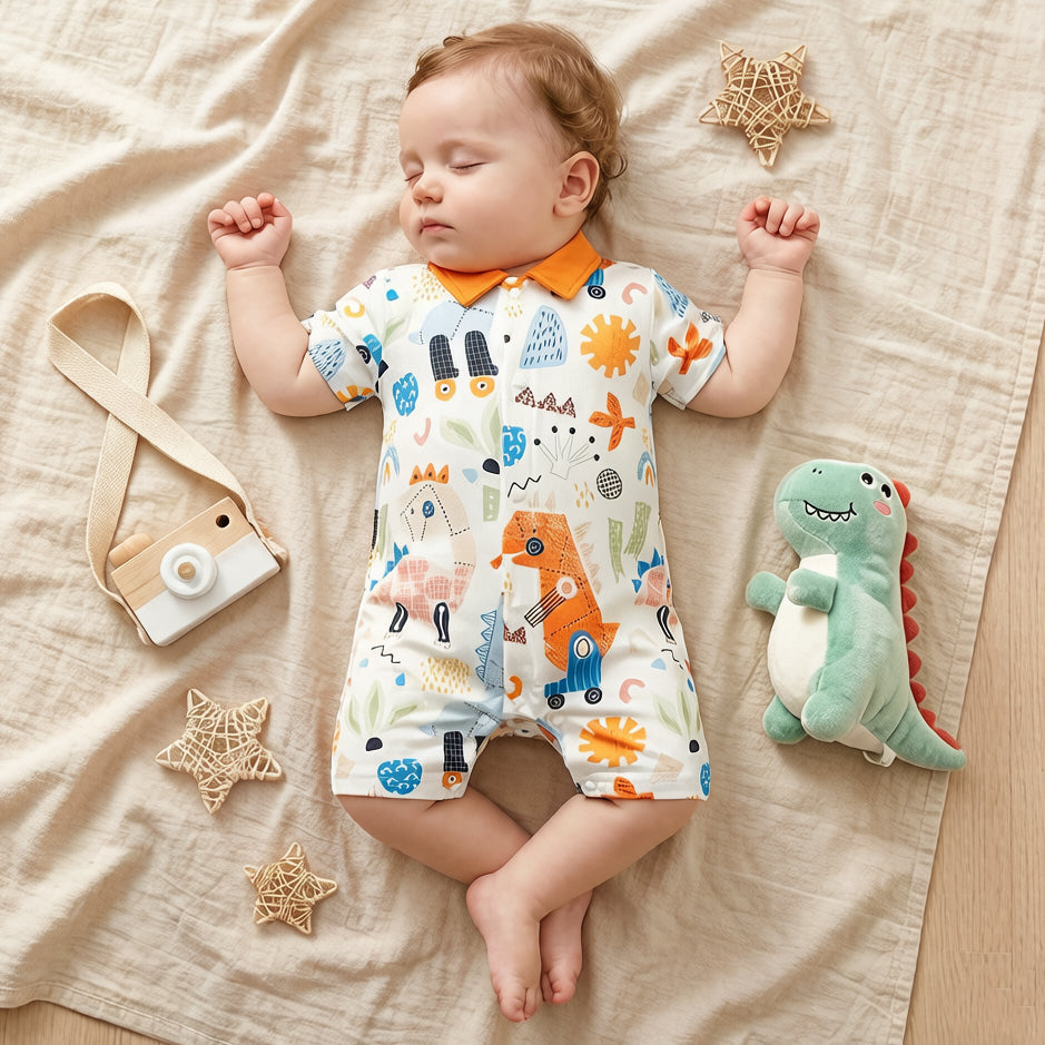 Lovely Dinosaur Print Short Sleeve Baby Jumpsuit