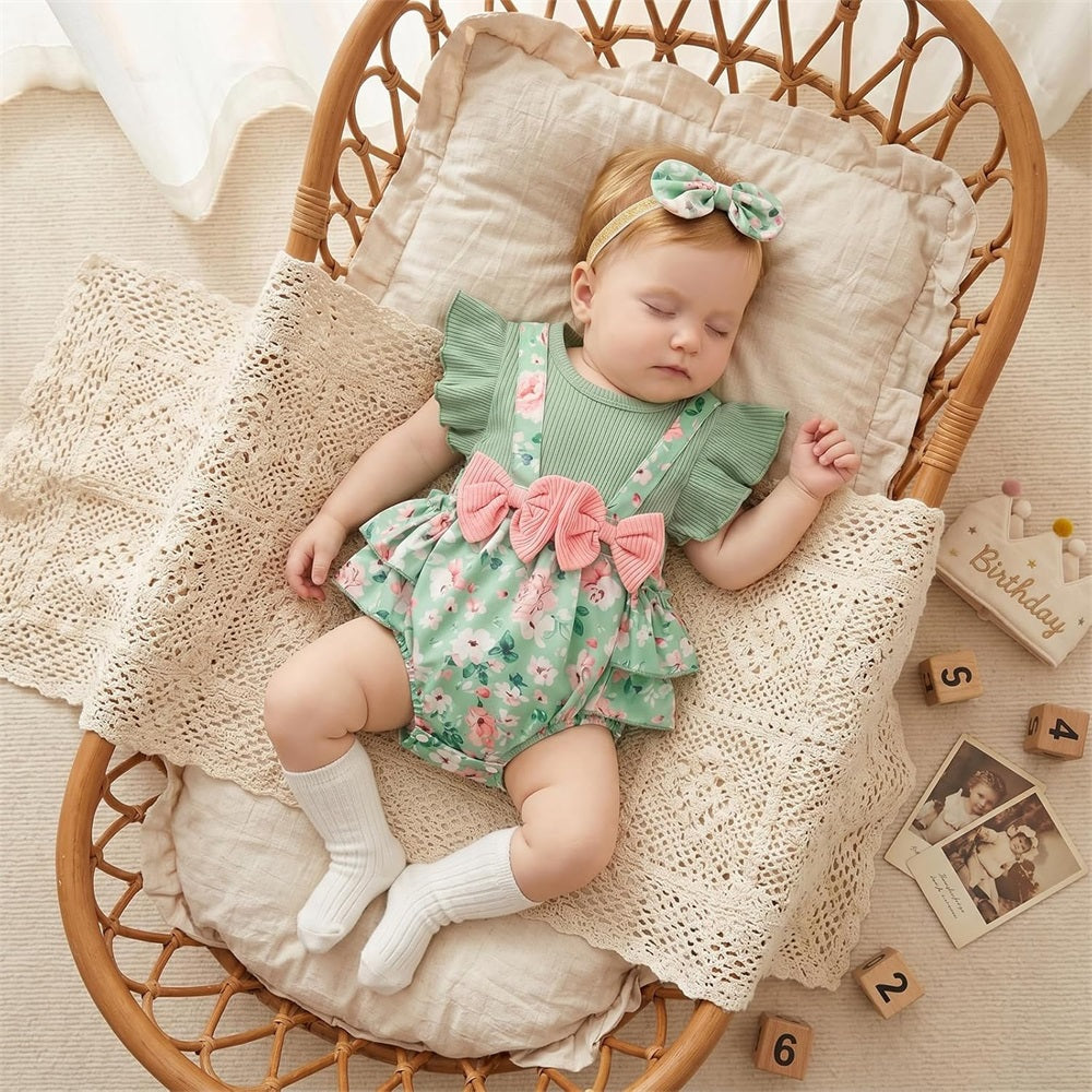 2PSC Trend Floral Printed Flounce Sleeve Baby Romper