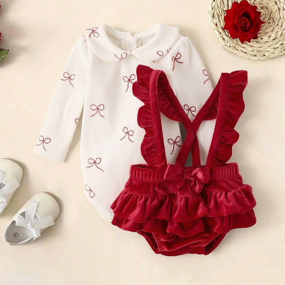 2PCS Sweet Bow Print Red Velvet Long Sleeve Baby Overalls Set